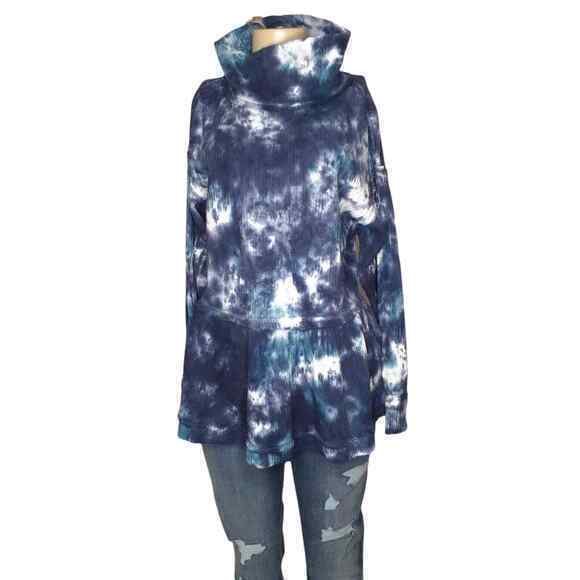 NEW Waffle Knit Pullover Top Shirt 12W 0X Peplum Mock Neck Blue White Tie Dye - Picture 4 of 8